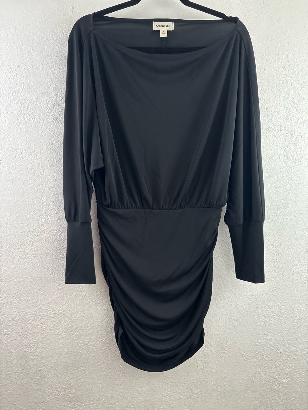 Open Edit Draped Long Sleeve Mini Dress in black size M